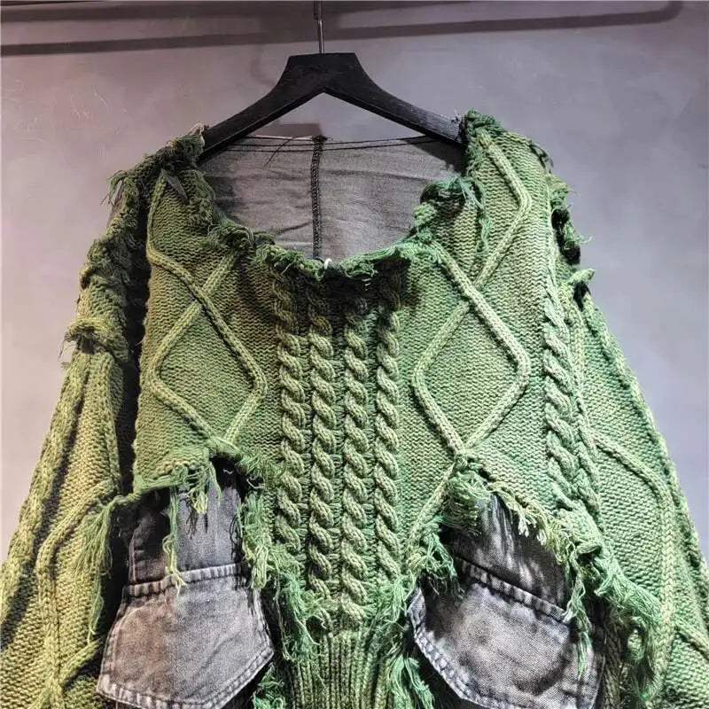 DEAT Women Pullover Long Sleeve Irregular Do Old Patchwork Pockets Vintage Washed Denim Sweater 2026 Summer New Fashion 29L8195