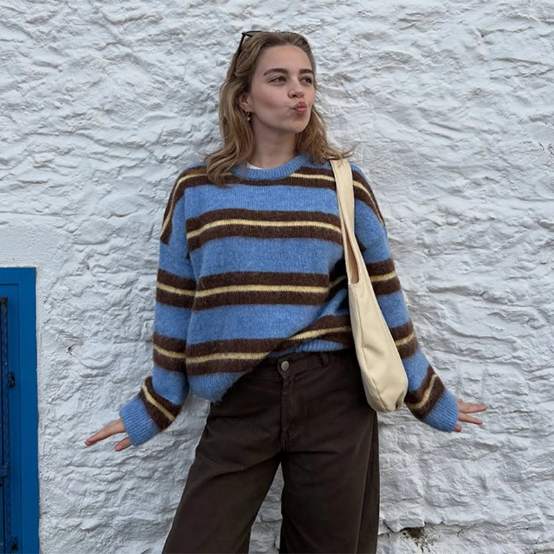 Women's Sweater Knitwear Striped Pullover Pulls Femmes Color Block Blouse O-neck Long Sleeve Loose Knit Sweater 2026 Spring Wear