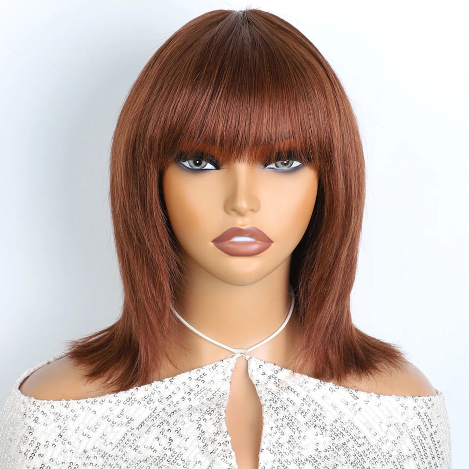 Lekker Glueless Short Brown Wolf Cut Straight Bob Human Hair Wigs With Bangs For Women Brazilian Remy Hair Ready to Wear Bob Wig