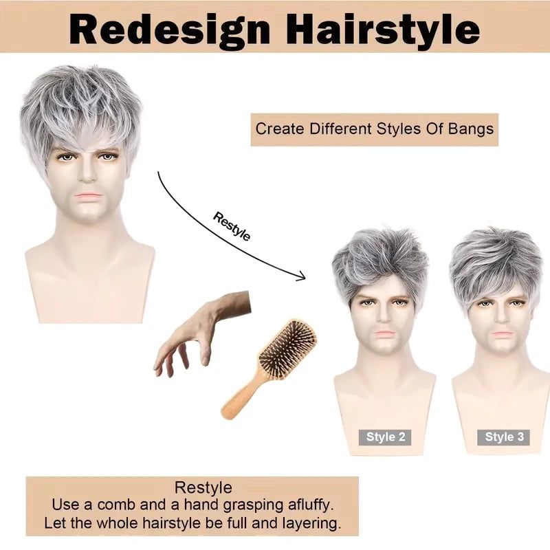 Men's Short Synthetic Short Wigs, Grey Short Layered Heat Resistant Wigs, Men's Wigs
