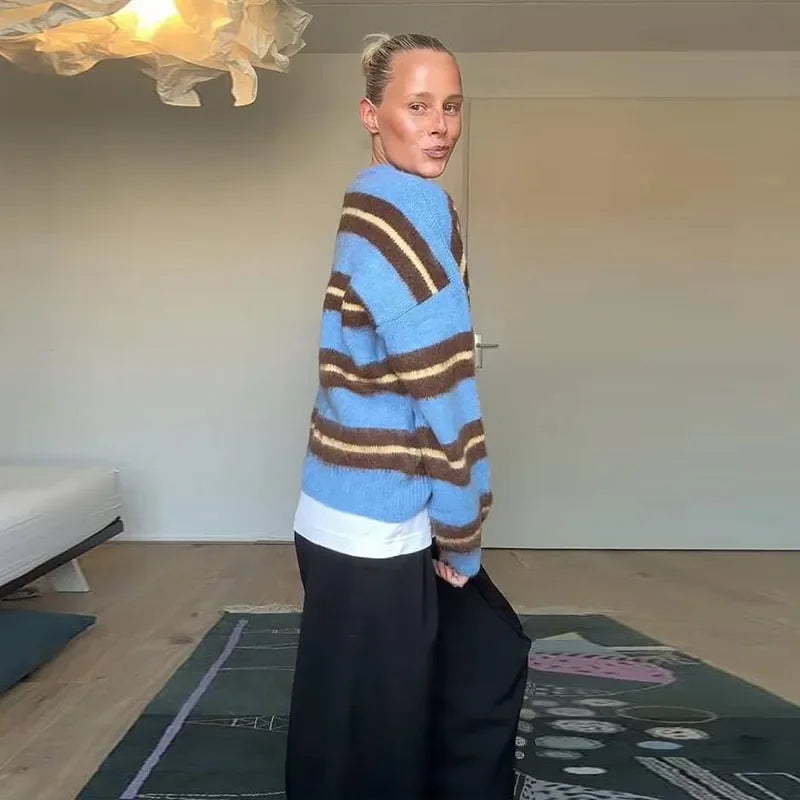 Women's Sweater Knitwear Striped Pullover Pulls Femmes Color Block Blouse O-neck Long Sleeve Loose Knit Sweater 2026 Spring Wear
