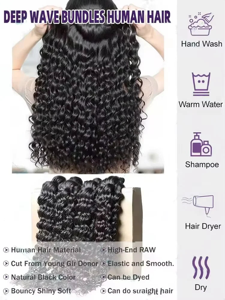 28 30 32Inches Deep Wave Human Hair Bundles Brazilian Remy Unprocessed Weaving Curly Human Hair Bundles 1 2 3 4 Extensions Deals