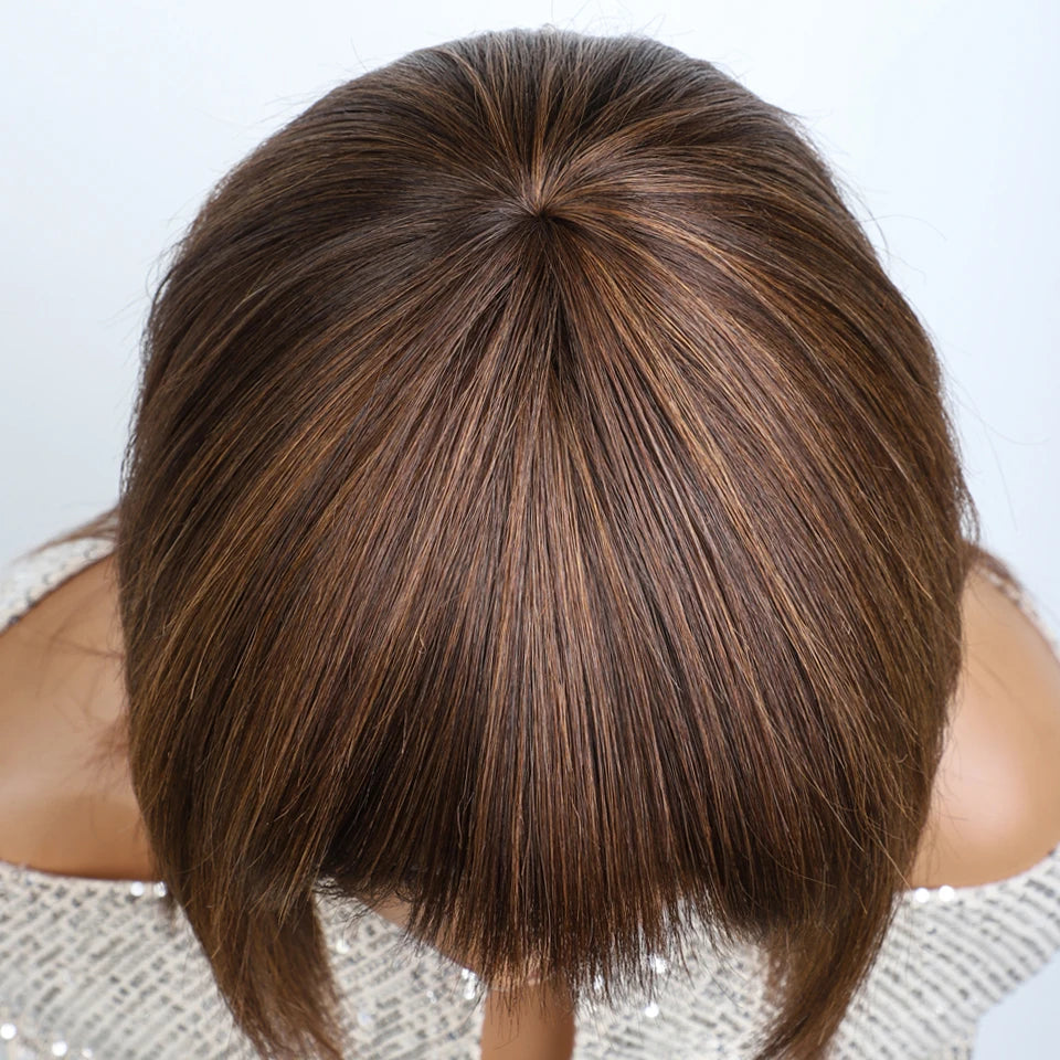 Lekker Glueless Short Brown Wolf Cut Straight Bob Human Hair Wigs With Bangs For Women Brazilian Remy Hair Ready to Wear Bob Wig