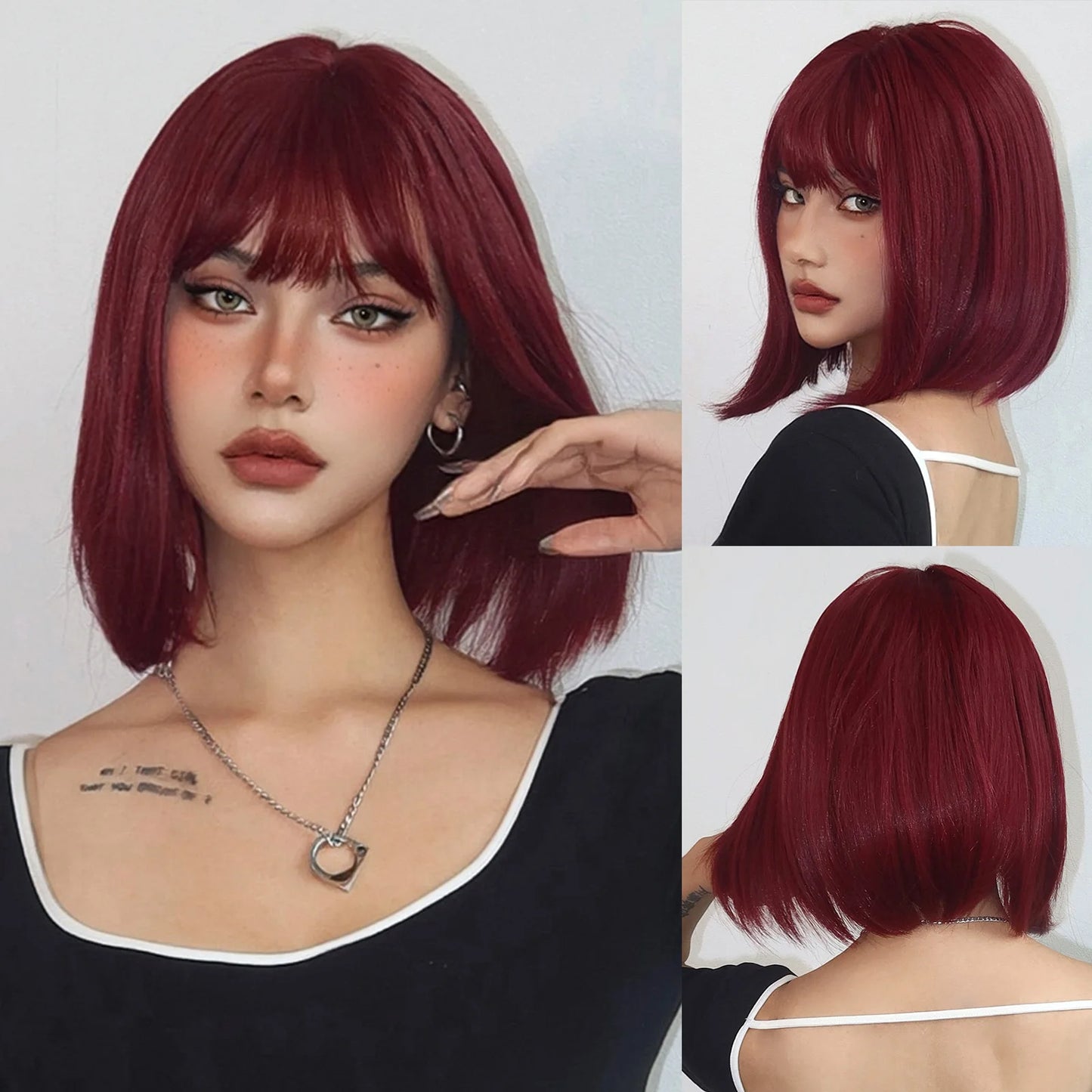 Short bob hairstyle, wine red synthetic wig, Halloween party cosplay wig, daily high-temperature hair accessory wig set