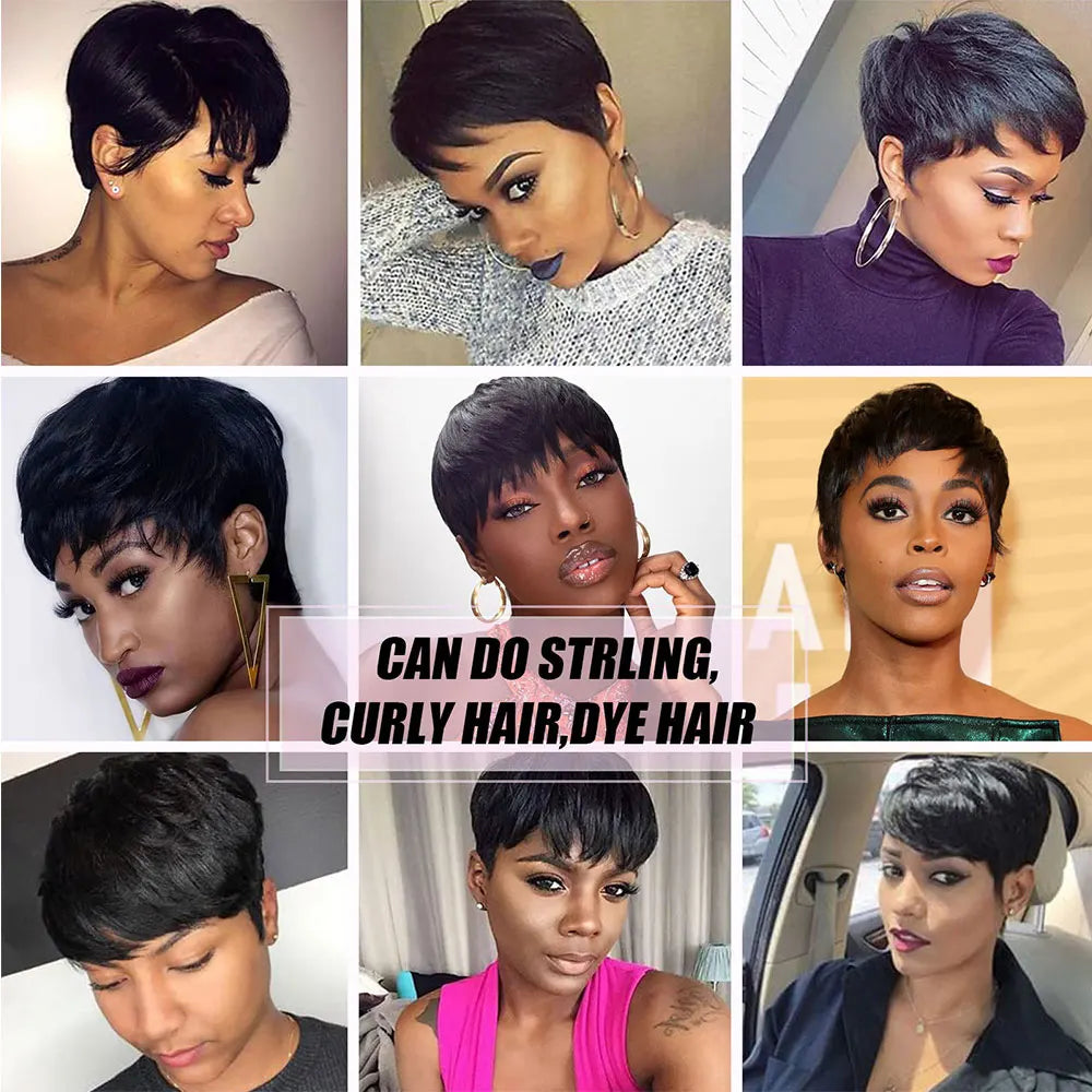 Short Human Hair Wigs with Bangs Short Pixie Wig Human Hair for Women Fashion Full Machine Duby Wig Cheap Black Red  Party Wigs
