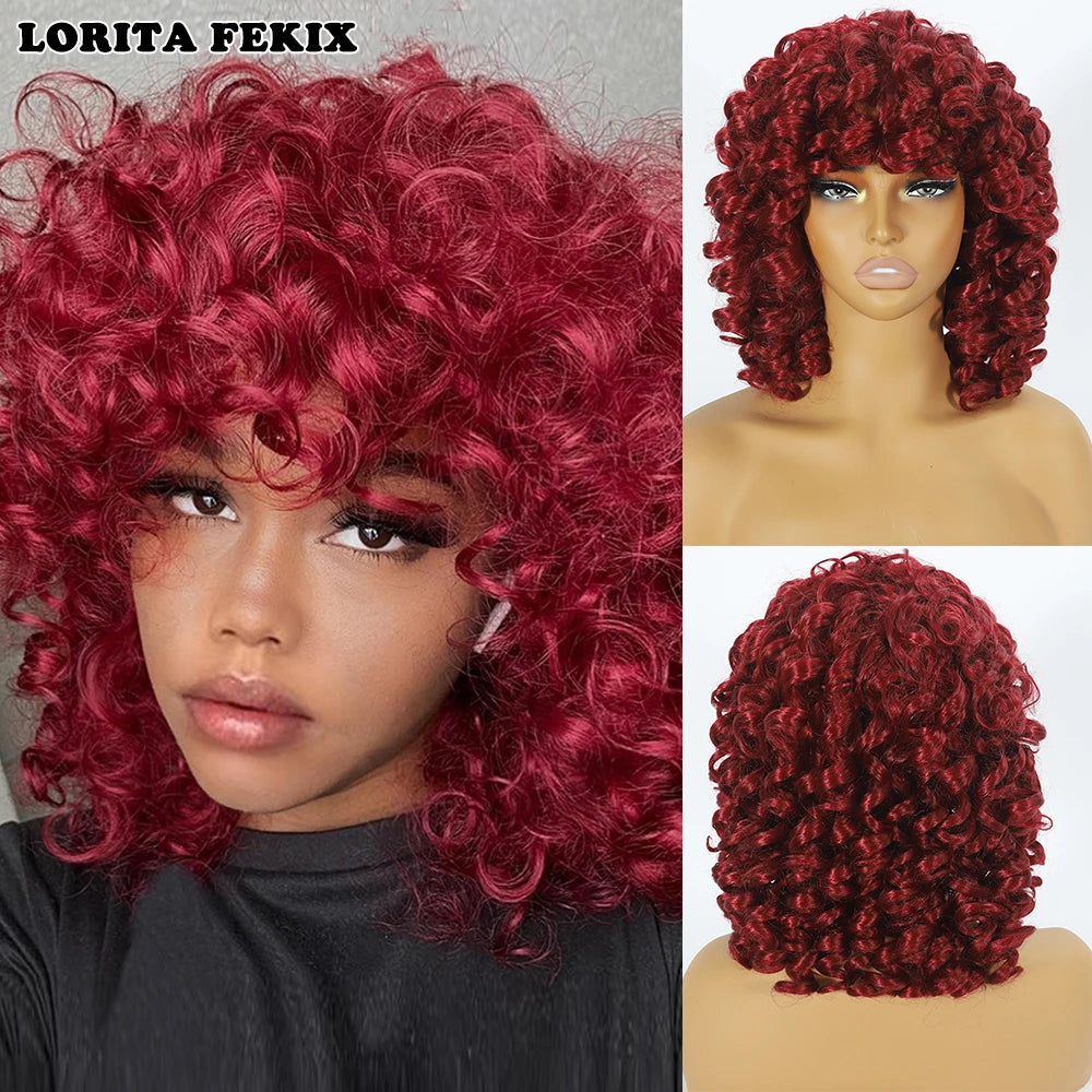 Short Loose Red Curly Wig for Black Women Curly Afro Wig with Bangs Synthetic Fiber Natural Looking Glueless Hair for Daily Wear