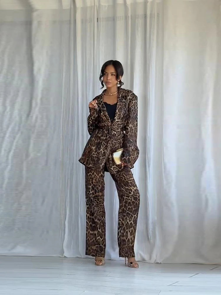 Women's Jackets Pants Animal Printed Suits 2 Piece Set Outwear Belt Lapel Collar Coats Vintage Autumn Woman Clothes