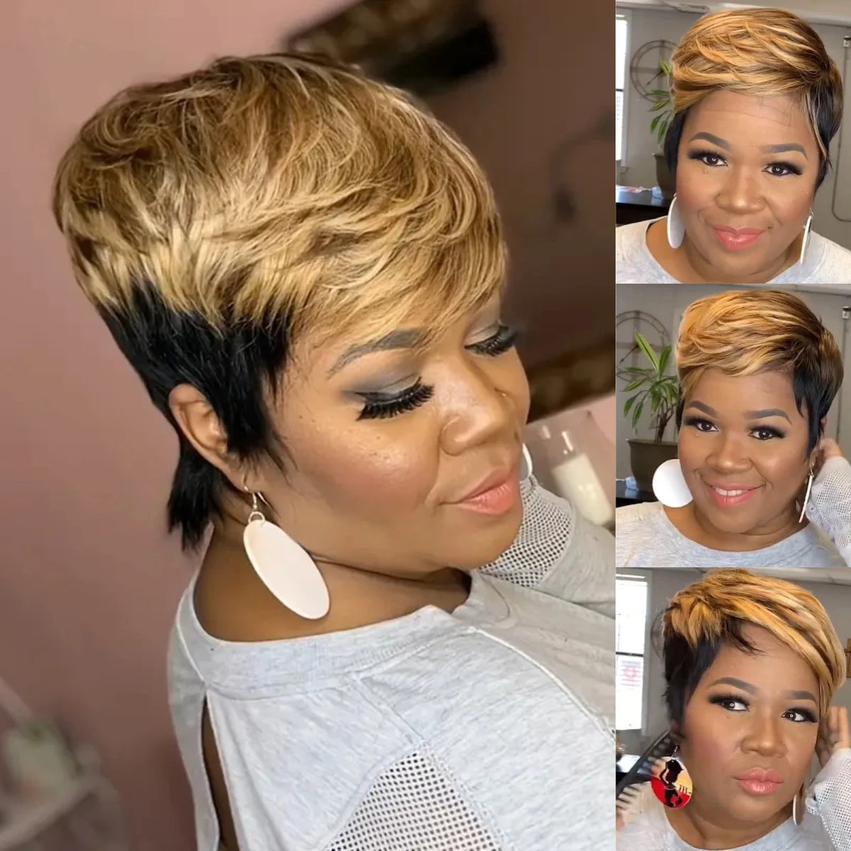 WIGERA Highlight Synthetic Short Straight Pixie Cut Hair Bob Wig Ombre Honey  Light Bronw Mix Black Layered Hair Wigs For Woman