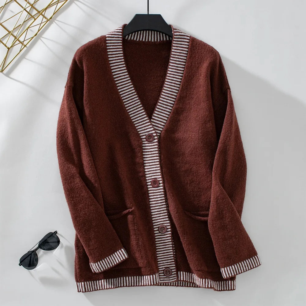 Single Breasted Knitted Jumpers Women Spliced Sweater V Neck Cardigan Casual Loose Fit Print Sweaters Slight Strech Buttons