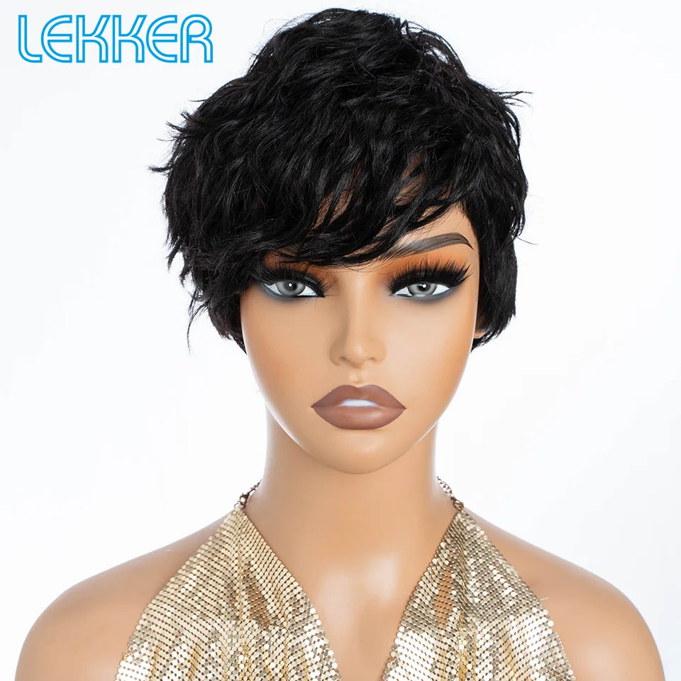 Lekker Short Pixie Cut Bob 100% Human Hair Wigs For Women Brazilian Remy Hair Natural black Full Machine Made Daily Straight Wig