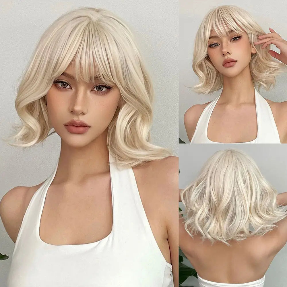 Platinum Blonde Short Curly Bob Glueless Synthetic Wig with Bangs - Lolita/Cosplay Ready