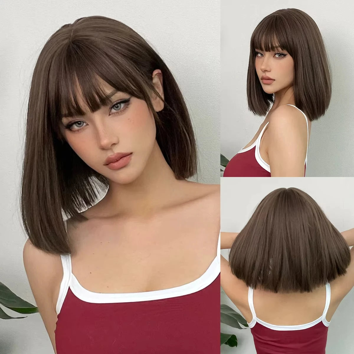 Short bob hairstyle, wine red synthetic wig, Halloween party cosplay wig, daily high-temperature hair accessory wig set