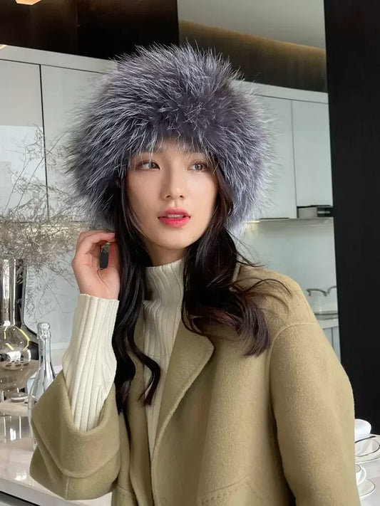 MS.MinShu-Hand Made Knitted Elastic Headband for Women, Genuine Fox Fur, Head Warmer, Neck Ring, Winter