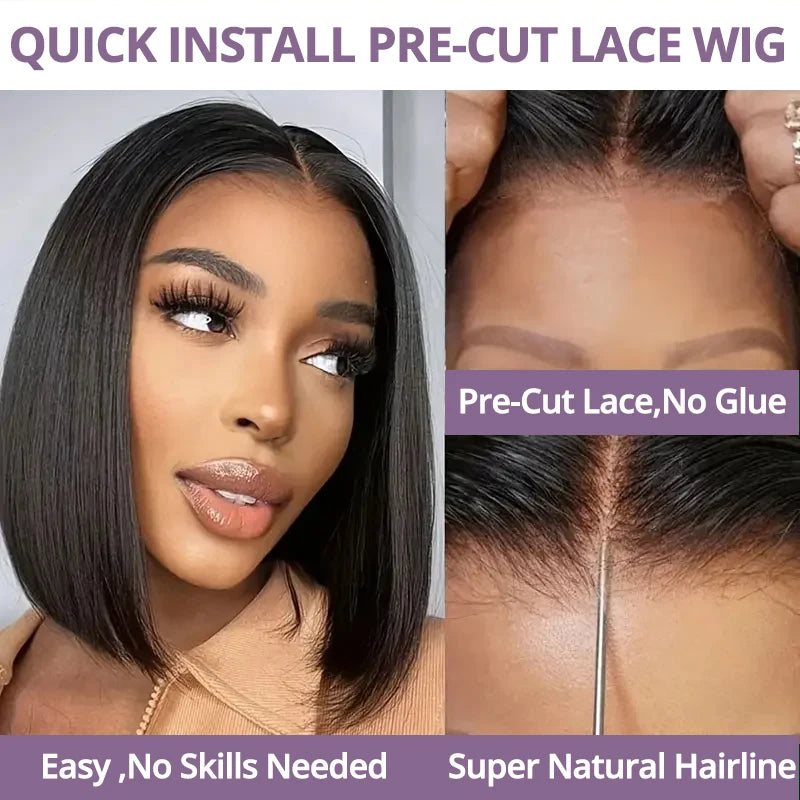 Brazilian Human Hair Bob Wigs Glueless HD Lace Front Wig No Glue Short Bone Straight Lace Frontal Wig Ready to Wear 250 Density