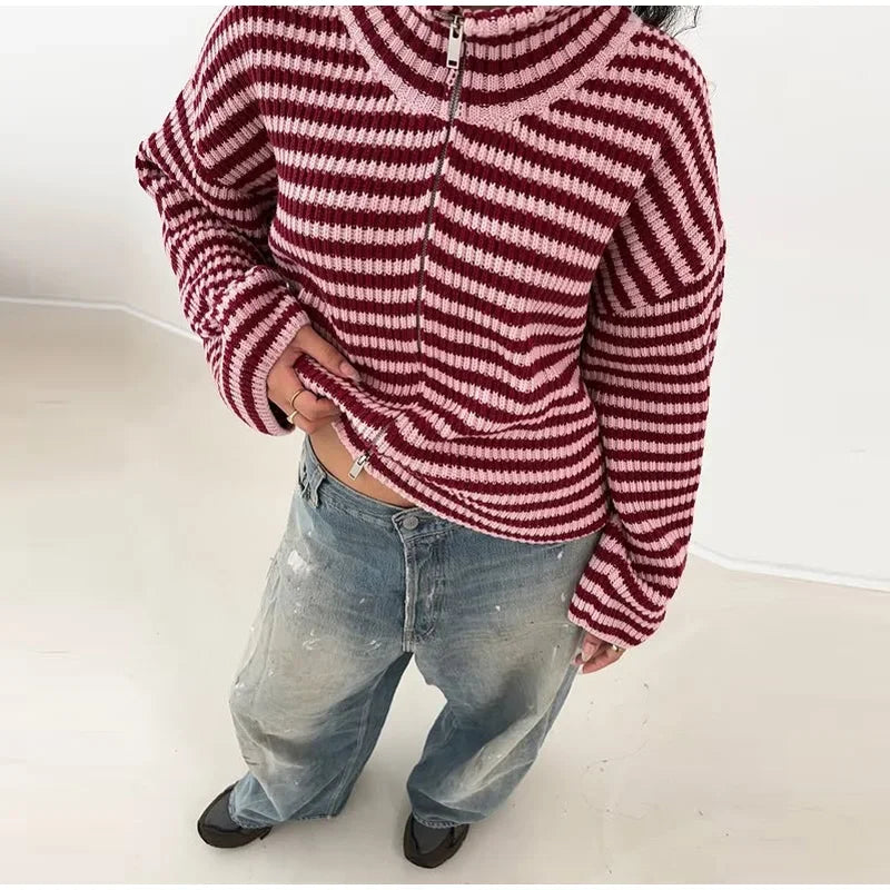 Women's Sweater Knitwear Striped Pullover Pulls Femmes Color Block Blouse O-neck Long Sleeve Loose Knit Sweater 2026 Spring Wear