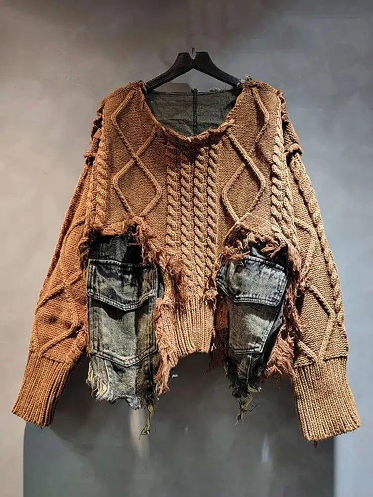 DEAT Women Pullover Long Sleeve Irregular Do Old Patchwork Pockets Vintage Washed Denim Sweater 2026 Summer New Fashion 29L8195