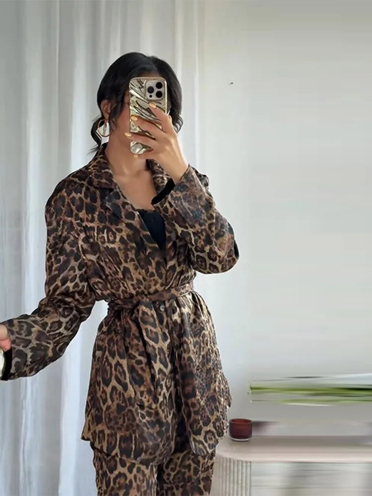 Women's Jackets Pants Animal Printed Suits 2 Piece Set Outwear Belt Lapel Collar Coats Vintage Autumn Woman Clothes