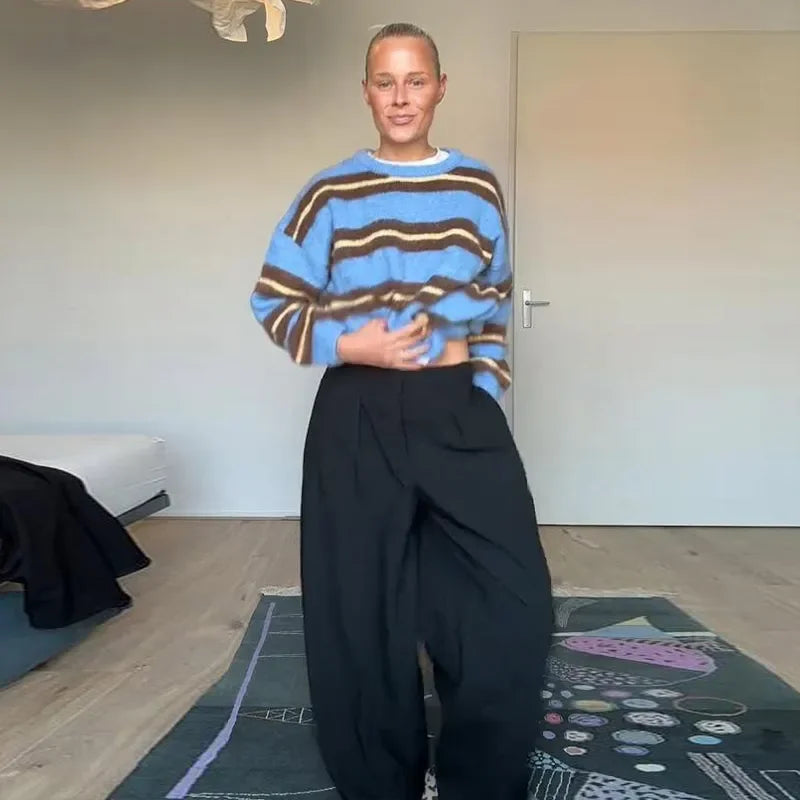 Women's Sweater Knitwear Striped Pullover Pulls Femmes Color Block Blouse O-neck Long Sleeve Loose Knit Sweater 2026 Spring Wear