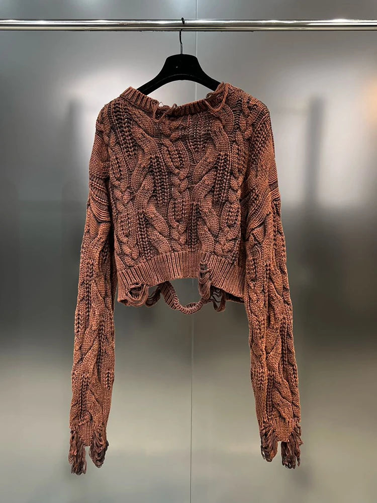 DEAT 2025 Spring Women's Knit Sweater Hollow Out Wash Hole Loose High Street Round Neck Long Sleeve Pattern Pullover 11XX6062