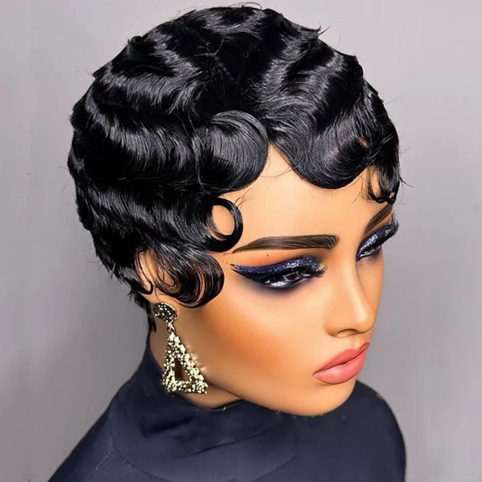 Short Finger Wave Wig for Women Black Pixie Cut Wigs Glueless 100% Human Hair Mommy Wigs Pixie Short Layered Ocean Waves Wig