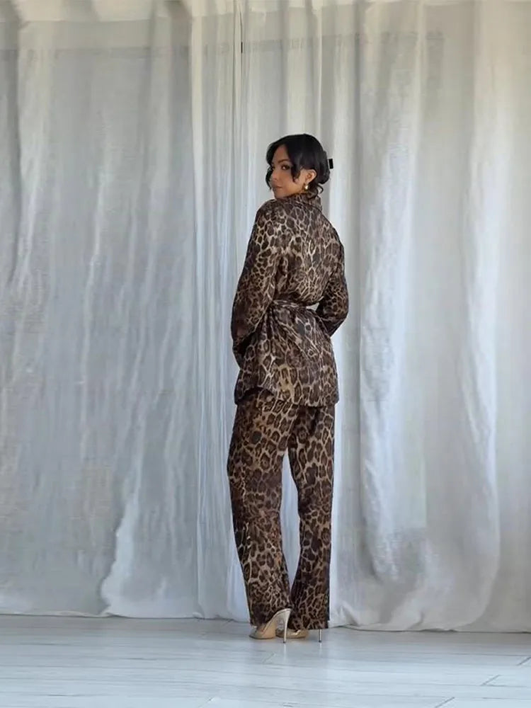 Women's Jackets Pants Animal Printed Suits 2 Piece Set Outwear Belt Lapel Collar Coats Vintage Autumn Woman Clothes