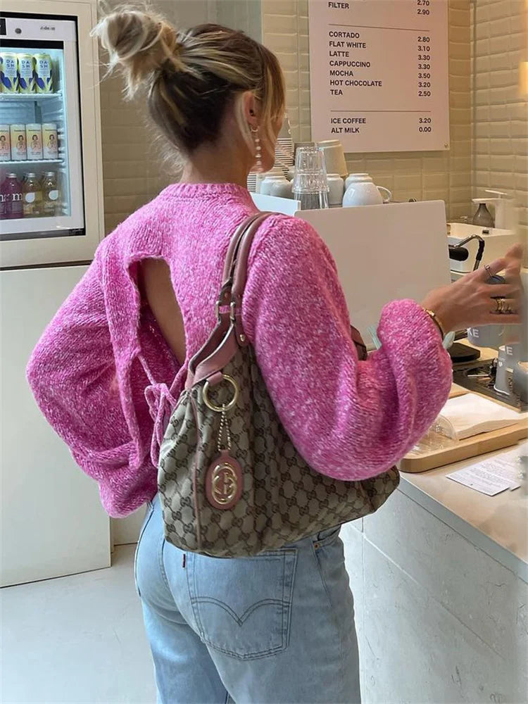 Tossy Lace-Up Backless Sweater Pullover For Women Sexy Long Sleeve Fashion Turtleneck Loose Bandage High Street Camisola Top