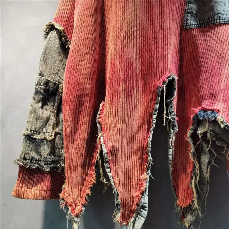 DEAT Fashion Women's Irregular Design Contrast Color Pullovers Loose O-neck Long Sleeve Sweater Female 2024 Autumn New 29L8194