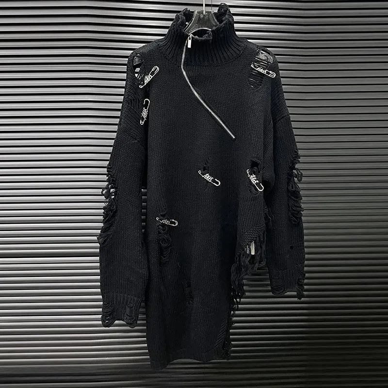 DEAT 2025 Early Autumn New Half High Neck Pin Hole Sweater For Women Fashion Irregular Niche Design Long Knit Pullover 11A06148