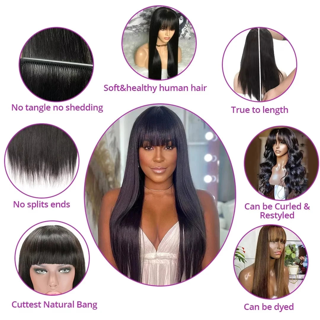 Rosslyn Straight Human Hair Wigs With Bangs 1b Black Wig Not Lace Natural Color Full Machine Wig From Brazilian Original