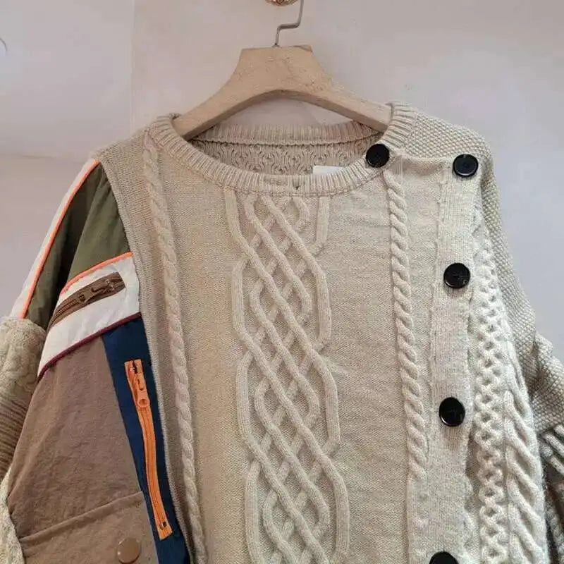 DEAT 2025 Autumn New Niche Design Irregular Splicing Knitted Sweater For Women Fashion Loose Single-breasted Pullover 33A2043