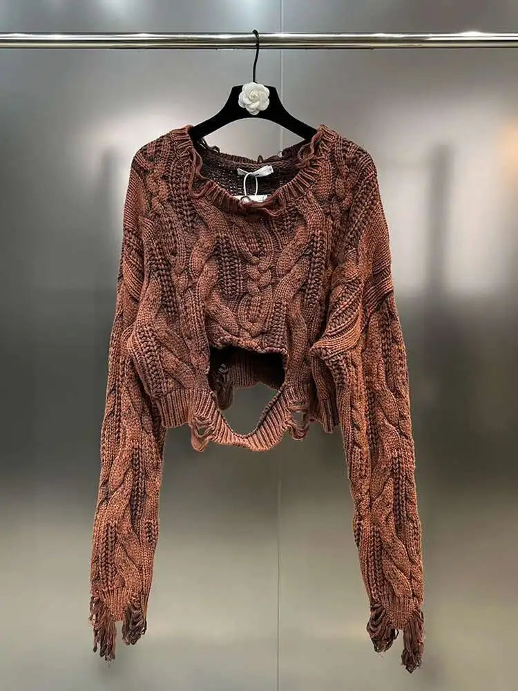 DEAT 2025 Spring Women's Knit Sweater Hollow Out Wash Hole Loose High Street Round Neck Long Sleeve Pattern Pullover 11XX6062