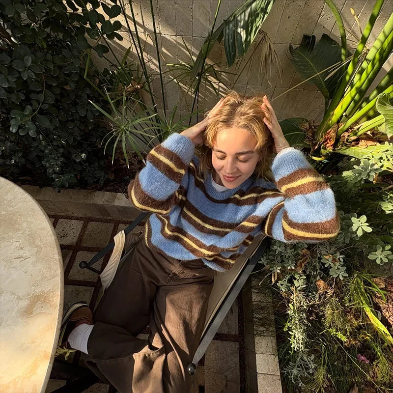 Women's Sweater Knitwear Striped Pullover Pulls Femmes Color Block Blouse O-neck Long Sleeve Loose Knit Sweater 2026 Spring Wear