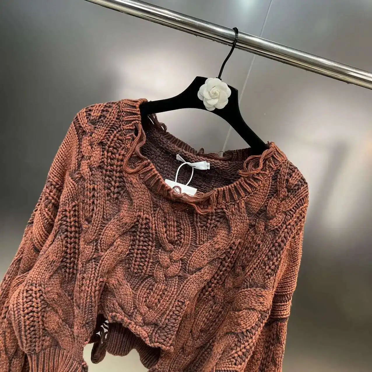 DEAT 2025 Spring Women's Knit Sweater Hollow Out Wash Hole Loose High Street Round Neck Long Sleeve Pattern Pullover 11XX6062