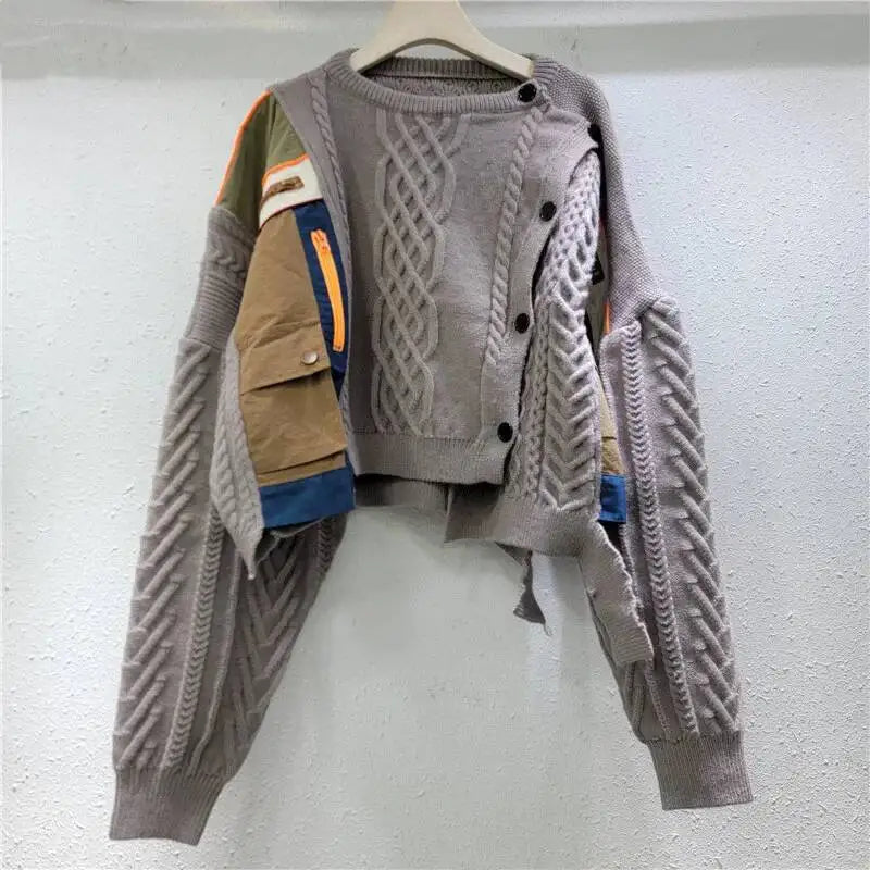 DEAT 2025 Autumn New Niche Design Irregular Splicing Knitted Sweater For Women Fashion Loose Single-breasted Pullover 33A2043