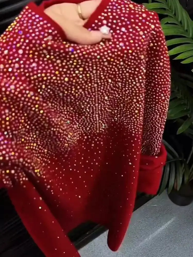 Luxury Design Diamonds Hot Drilling Slim Fit Wine Red Sweater Women Autumn/Winter Knitwear Bottoming Pullovers Femme Clothes