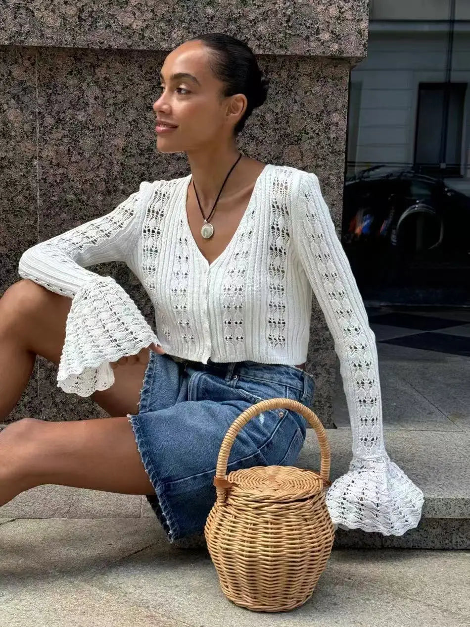 Tossy Knitwear Hollow Out Sweater Cardigan Women V-Neck Long Sleeve See-Through Cropped Top Summer Knit Patchwork Cardigan Top