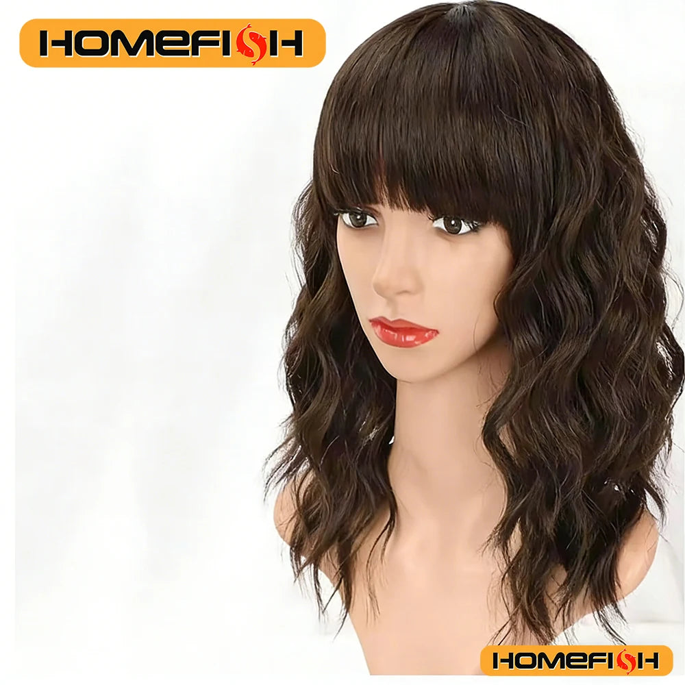 Natural Brown Wavy Bob Wig - Synthetic Curls with Bangs, Versatile Daily Hairstyle for Women
