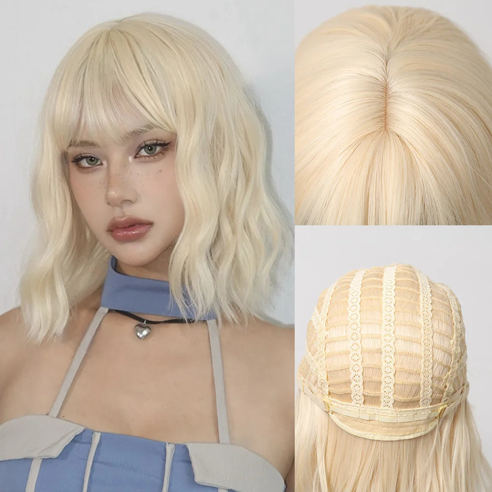 Platinum Blonde Short Curly Bob Glueless Synthetic Wig with Bangs - Lolita/Cosplay Ready