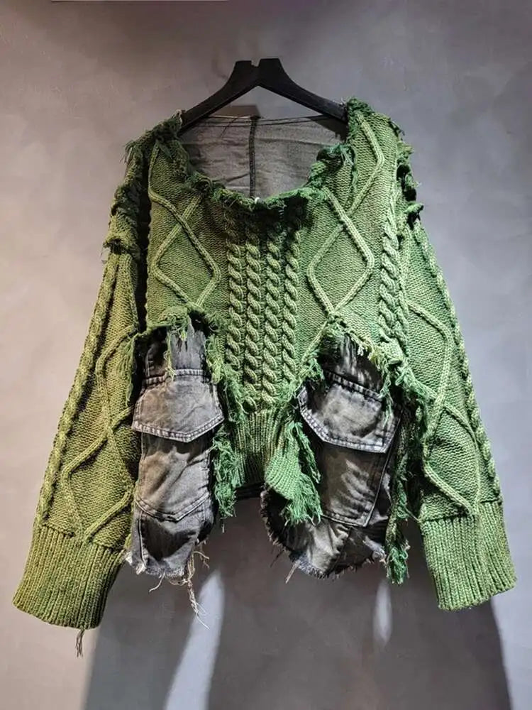 DEAT Women Pullover Long Sleeve Irregular Do Old Patchwork Pockets Vintage Washed Denim Sweater 2026 Summer New Fashion 29L8195