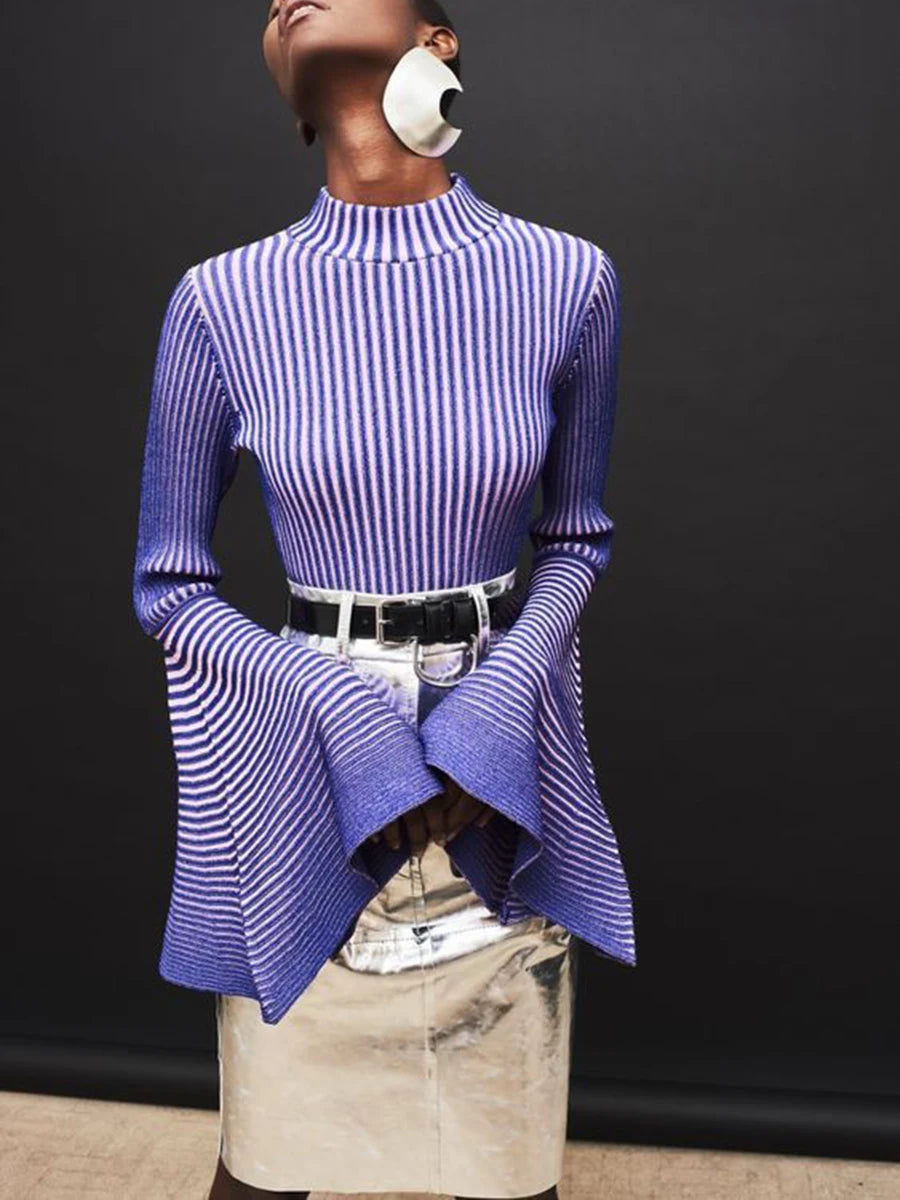 TWOTWINSTYLE Hit Color Spliced Striped Fashion Sweaters for Women Stand Neck Long Sleeves Patchwork Ruffles Sweater Female New