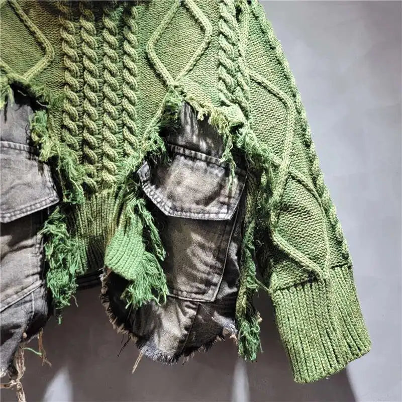 DEAT Women Pullover Long Sleeve Irregular Do Old Patchwork Pockets Vintage Washed Denim Sweater 2026 Summer New Fashion 29L8195