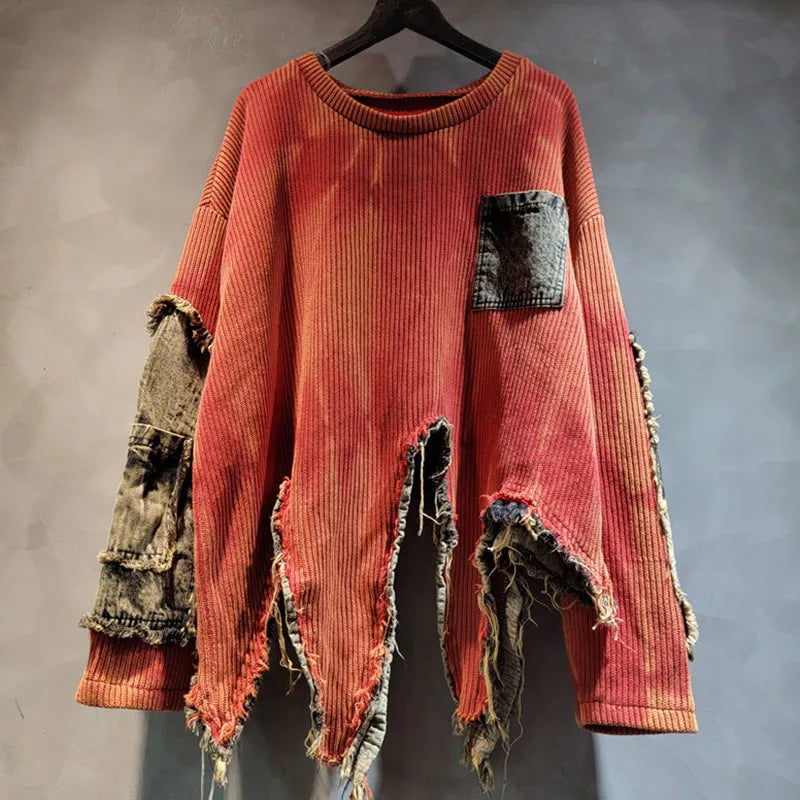 DEAT Fashion Women's Irregular Design Contrast Color Pullovers Loose O-neck Long Sleeve Sweater Female 2024 Autumn New 29L8194