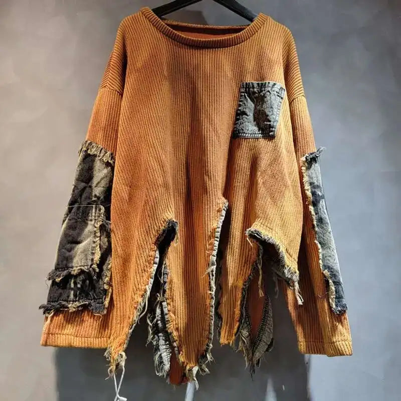 DEAT Fashion Women's Irregular Design Contrast Color Pullovers Loose O-neck Long Sleeve Sweater Female 2024 Autumn New 29L8194