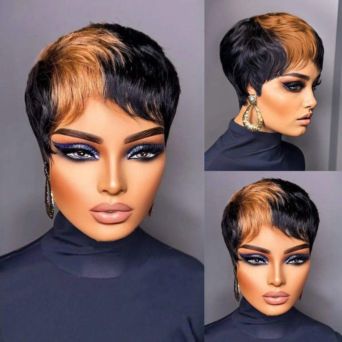 WIGERA Highlight Synthetic Short Straight Pixie Cut Hair Bob Wig Ombre Honey  Light Bronw Mix Black Layered Hair Wigs For Woman