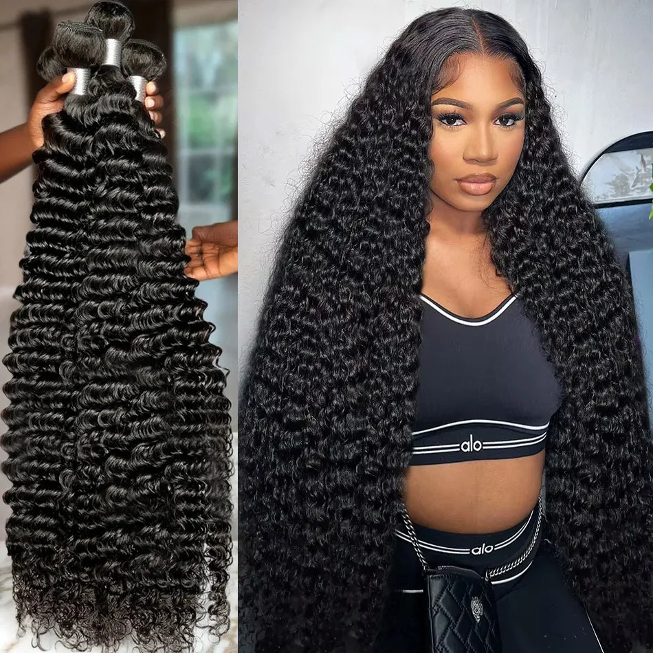 28 30 32Inches Deep Wave Human Hair Bundles Brazilian Remy Unprocessed Weaving Curly Human Hair Bundles 1 2 3 4 Extensions Deals