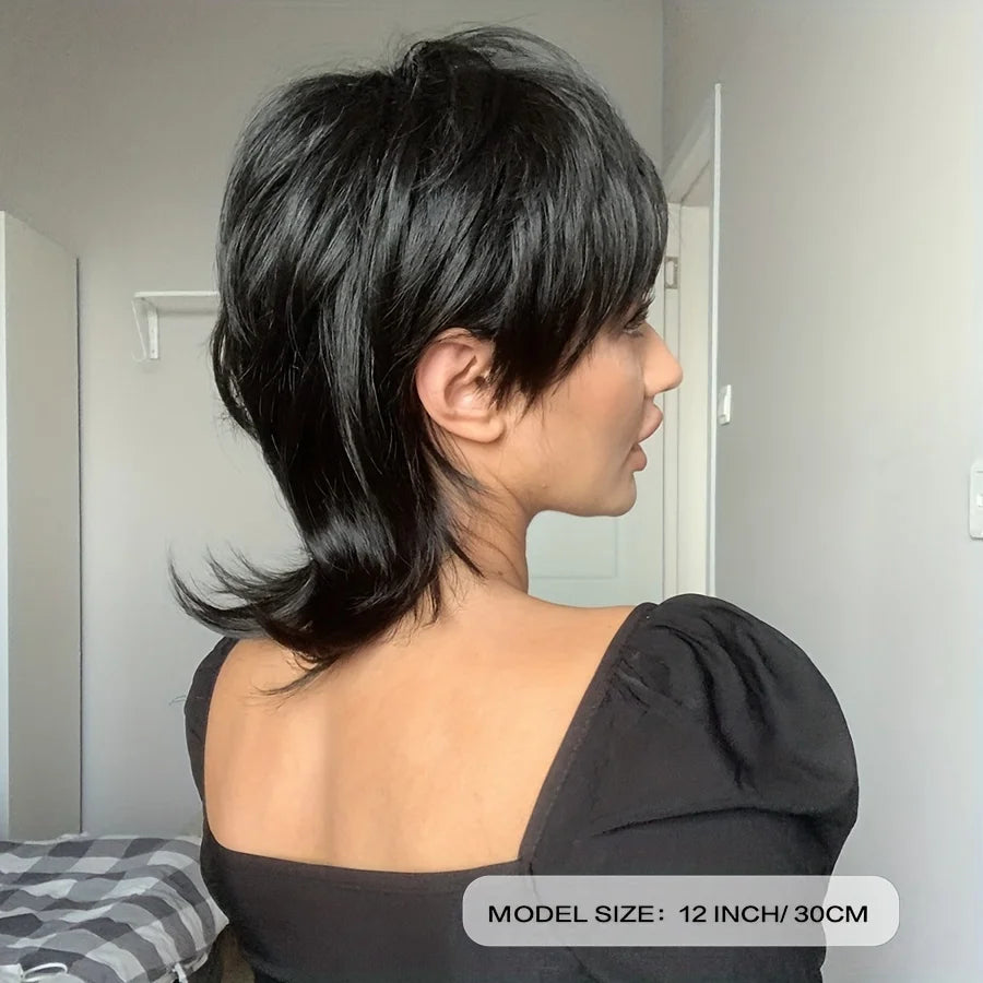 StrRid Short Black Wig Shaggy Layered 80s Mullet Wig Pixie Cut Wig With Bangs Curly Synthetic Natural Fake Hair Replacement Wigs