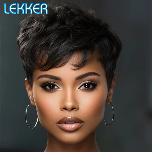 Lekker Natural Black Short Pixie Cut Curly 100% Human Hair Wig For Women Brazilian Remy Hair Colored Side Part Full Machine Wigs