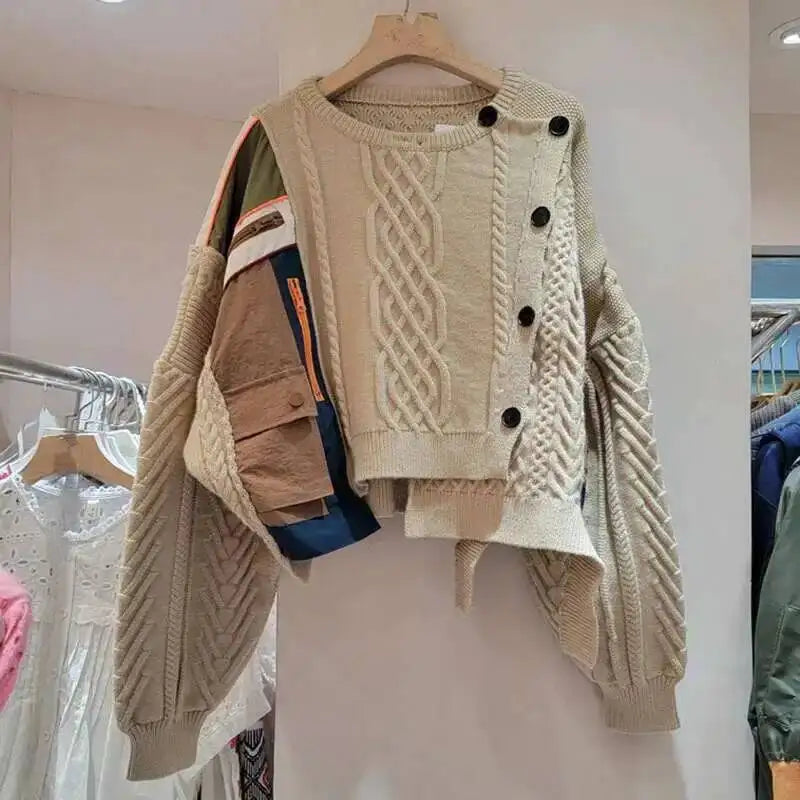 DEAT 2025 Autumn New Niche Design Irregular Splicing Knitted Sweater For Women Fashion Loose Single-breasted Pullover 33A2043