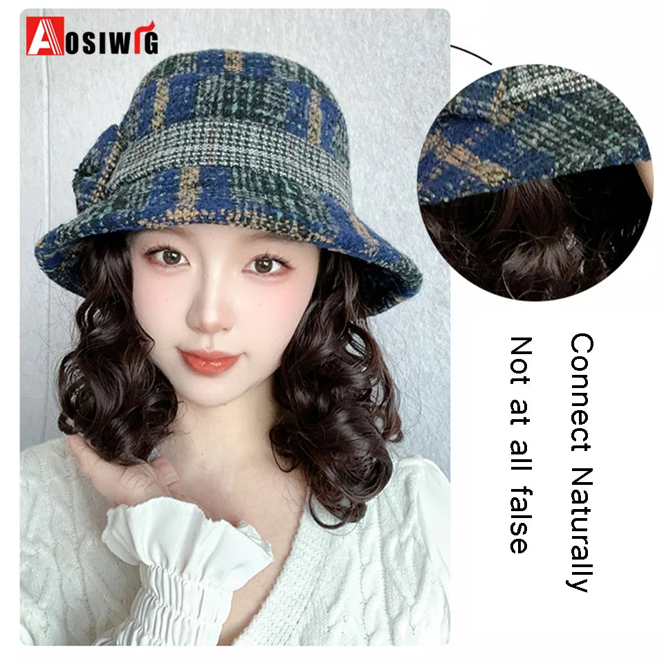 Hat Wig Synthetic Short Curly Wavy Hair Wigs With Hat Fisherman's Cap Wig Hair Extension Black Brown Wig Cap