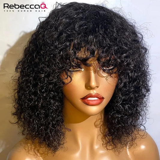 Short Curly Bob Human Hair Wig With Bangs Pixie Bob Cut Glueless Wigs Water Wave Full Machine Natural Black Cheap Wigs For Women